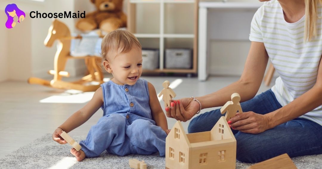 A happy baby playing with a caring nanny in a cozy home setting