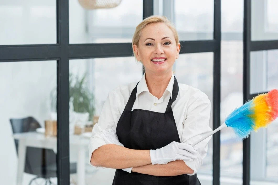 A maid in abu dhabi smiling while doing the cleaning in the house