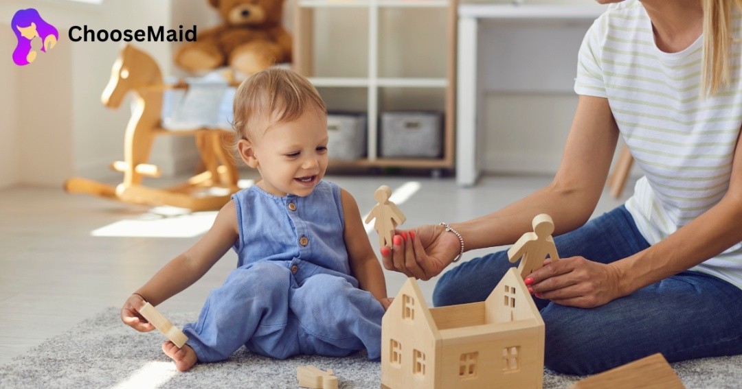 A happy baby playing with a caring nanny in a cozy home setting